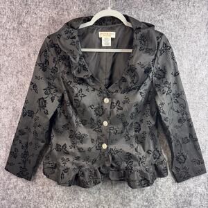 Jackie Jon Petite 14P Floral Textured Blazer Jacket Gray Black Button Front